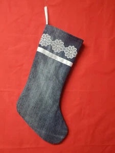Christmas Stocking 16" Farmhouse Shabby Chic Denim Lace Ribbon Upcycled - Picture 1 of 4
