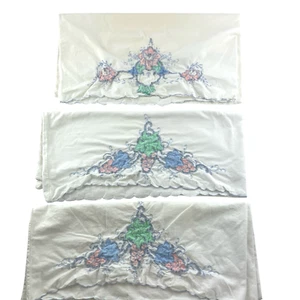 Vintage Pillowcases Embroidered Grape Floral Pastel Discolored Cotton Set of 3 - Picture 1 of 6