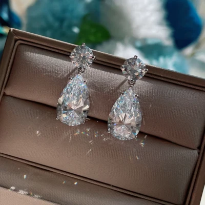 8ct Pear Cut Moissanite Drop Dangle Earrings 925 Sterling Silver 18K Gold Plated - Image 1 of 4