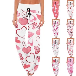 Women's Comfy Pajama Pants Pocket Valentine's Day Print Drawstring Wide Leg - Picture 1 of 36