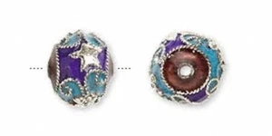 4 Silver Plated Cloisonné Turquoise Blue 12x10mm Drum Beads with Stars * - Picture 1 of 1