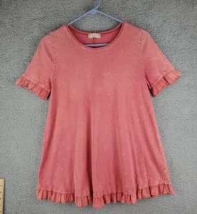 Altar'd State Blouse Womens Medium Pink Short Sleeve Hem Ruffle Knit Top - Picture 1 of 11
