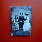 Antique Tintype Photo, Man With Two Women, Ocean Background