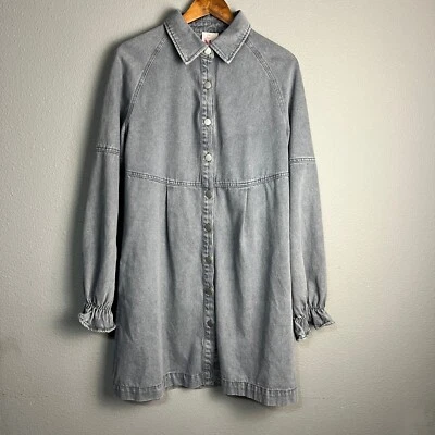 So Me Denim Mineral Washed Dress Button Front Pockets Long SL Ruffle Cuff Size M - Image 1 of 4