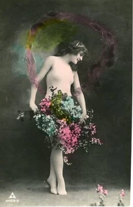 1910's Hand Tinted Real Photo Postcard Pretty Girl Holding Flower Bouquet -Italy - Picture 1 of 2