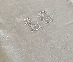 Antique Tablecloth French Damask Linen Double Monogram LG 68" X 76" - Picture 1 of 15
