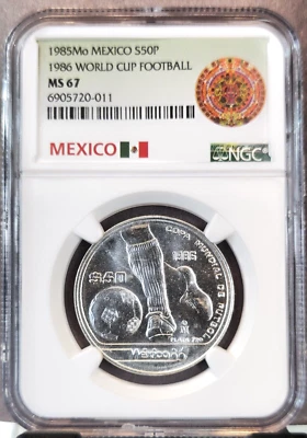 1985 MEXICO SILVER 50 PESOS FOOTBALL PLAYER & BALL NGC MS 67 SCARCE GEM COIN - Image 1 of 3