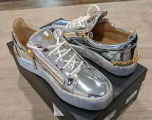 $795 Mens Giuseppe Zanotti Metallic Leather Sneakers Silver 44 US 11