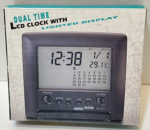 Vintage Taitron Dual Time LCD Clock with Lighted Display Travel New Old Stock Cover