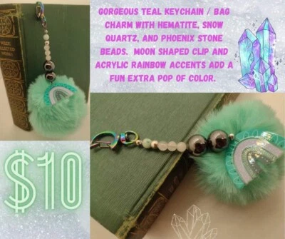 Crystal Keychain Purse Charm Snow Quartz Hematite Phoenix Pom-pom Handmade  - Image 1 of 4