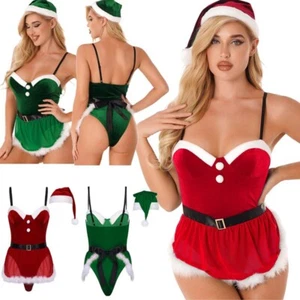 UK Women Christmas Lingerie Suit Velvet Camisole Leotard Bodysuit with Apron Hat - Picture 1 of 27