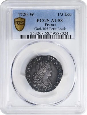 FRANCE LOUIS XV  1720-W  1/3 ECU SILVER COIN, PCGS CERTIFIED ALMOST UNC.  AU58 - Image 1 of 4