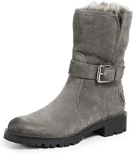 Sam Edelman Jeanie Gray Suede Fur Lined Lug Sole Moto Lace Up Chelsea Boot - Picture 1 of 4
