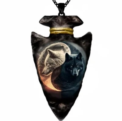 Wolf Necklace Arrowhead Style Two Tone Design Husky Dogs Beautiful Item NEW - Image 1 of 4