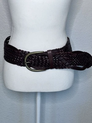Women’s SZ M Brown Express Woven Leather Belt Gold Buckle Boho - Image 1 of 4