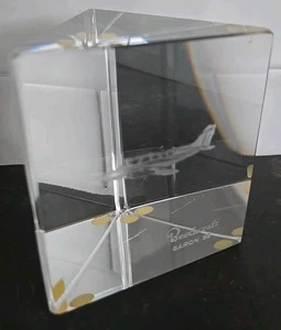 KOSTA BODA Cube Etched Glass BEECHCRAFT BARON 58 AirPlane Paperweight Figurine  - Picture 1 of 3