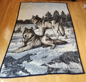 Vtg Biederlack Blanket Wolf Wolves on Fleece*Made in USA 55x75.5" Good Condition - Picture 1 of 5