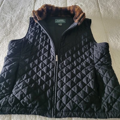 Polo Ralph Lauren Quilted Vest Black Large With Fur Trim Size Large - Image 1 of 4