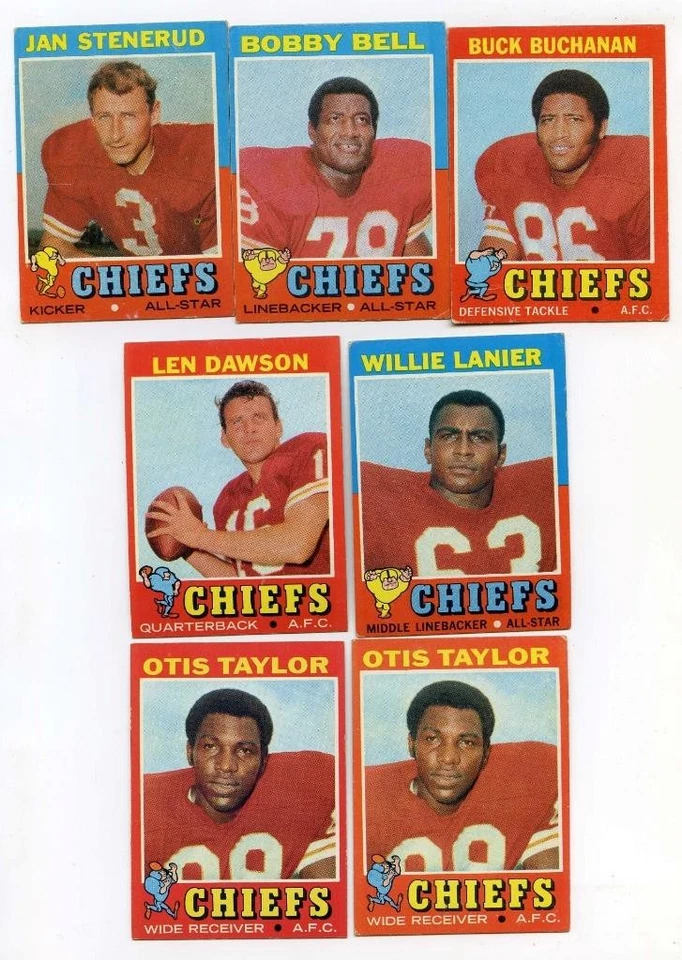 Lote de 14 tarjetas Topps Football Kansas City Chiefs 1971 con Len Dawson "Hof" envío gratuito Foto 1 de 1