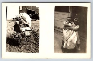 Postcard Unidentified RPPC Infant In Wicker Carriage Dual View Girl Holding Baby - Picture 1 of 2