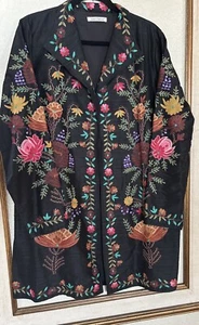 Travel Smith Silk Duster Was Jacket Coat Womens Floral Embroidered Black Sz L - Picture 1 of 8