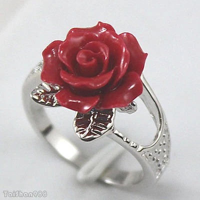 Moda Anillo Rosa Acrílico Rojo Flor 18KGP Talla: 6.7.8.9 Mujer Niña Foto 1 de 3
