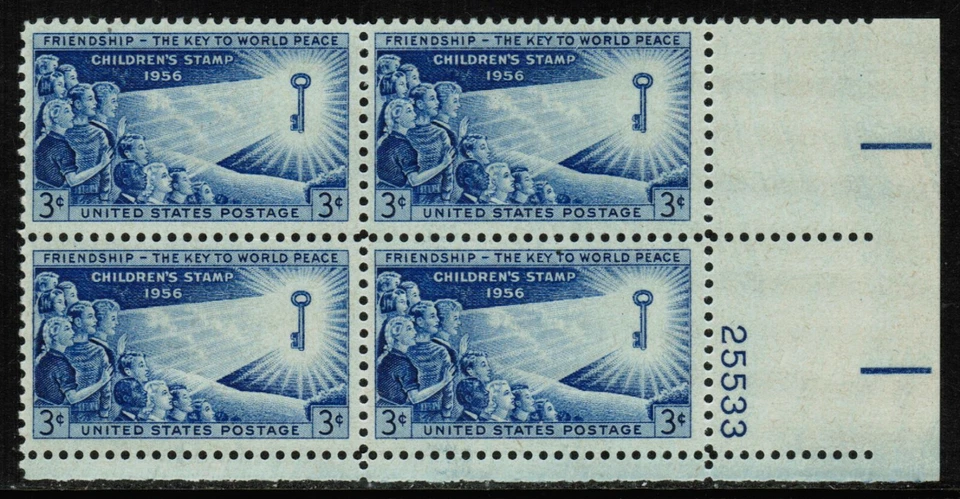 US USA Sc# 1085 MNH FVF PLATE # BLOCK Friendship Peace Key Girl Boy Children - Image 1 of 1