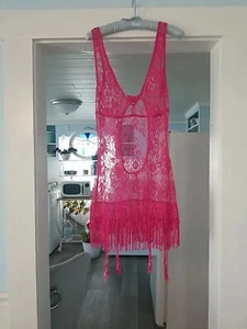 Dreamgirl rosa Blumen Fransen Spitze Babydoll Dessous Strumpfband Schlupfkleid Gr. XL - Bild 1 von 9