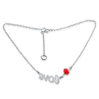 Azaggi 925 Sterling Silver Anklet Bracelet Love Script Word Red Agate Bead Stone - Image 1 of 4