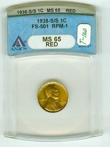 1938-S/S  RPM-2 FS-501 LINCOLN WHEAT CENT - ANACS MS-65 Red - FREE SHIPPING! - Picture 1 of 3