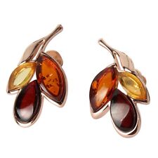 STERLING SILVER ROSE GOLD PLATED TRIPLE MULTICOLOURED BALTIC AMBER EARRINGS