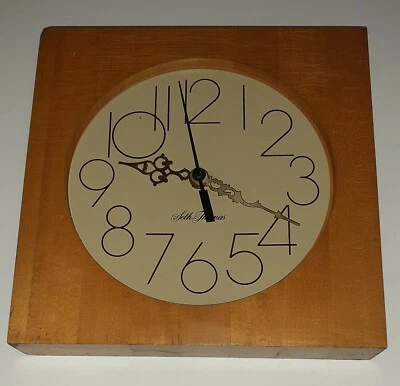 Seth Thomas Vtg Wood Block Clock Exposed Hands 9 5/8" Square x 1 3/4" Battery - Image 1 of 4