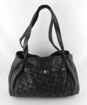 B Makowsky Womens Black Leather Hand Bag Medium Purse Weave Front Magnetic Clasp - Image 1 of 4