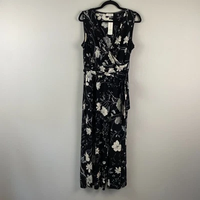 Calvin Klein Floral Wide Leg Cropped Jumpsuit Size 10 Black Sleeveless Surplice - Image 1 of 4