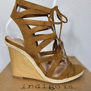 NWB~INDIGO~6.5~BROWN SUEDE STRAPPY GLADIATOR WEDGE HEELS OPEN TOE SANDALS SHOES - Picture 1 of 17