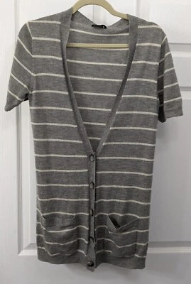 Theory Women's Gray Striped Lightweight Soft Cashmere Cardigan Sweater Size M - Image 1 of 4