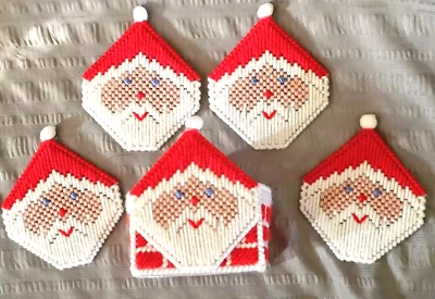 Christmas Coasters Santa Claus Plastic Canvas Handmade w Love Unused 4 Vintage - Image 1 of 3