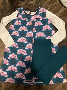 Euc Girl's TEA COLLECTION Flower Dress Teal Pink Leggings Outfit 8