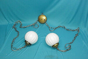 Vintage Double Swag Lamp Light Pendant Hanging MCM 6" White Globe Fluted Vanity