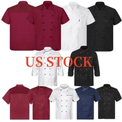 Unisex Double-Breasted Chef Coat Contrast Color Stand Collar Kitchen Uniform - Image 1 of 3