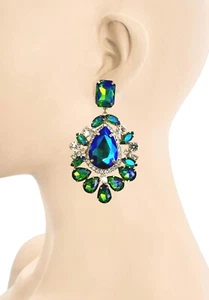 3.75” Tall Iridescent Peacock Blue Statement Evening Earrings Pageant Drag Queen - Picture 1 of 2