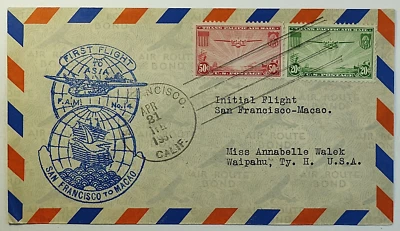 1937 Initial Flight San Francisco to Macao China Trans-Pacific Route SC C22, C21 - Image 1 of 2