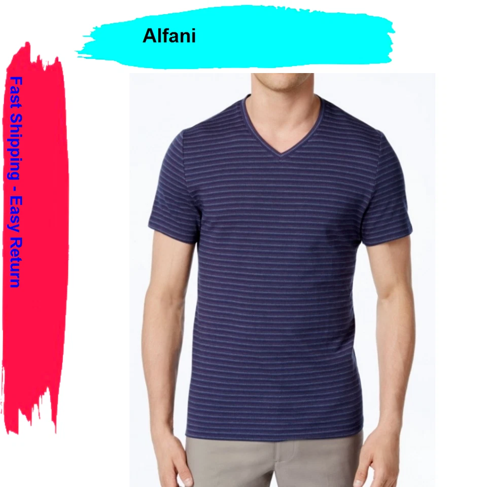 Alfani Mens Stretch Birdseye Stripe V Neck T Shirt Ocean Night Size Large