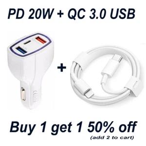 Car 20W PD USB Fast Quick Charger and Cable Adapter for iPhone 12 11 XS XR X 8 7 - Picture 1 of 8