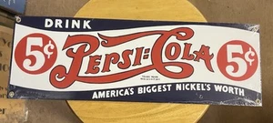 Insegna Vintage Andy Rooney Porcellana Smaltata PEPSI-COLA 5 Centesimi Metallo 18" x 6" Ne - Foto 1 di 5