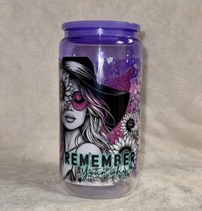 Boho Style Purple Glass Can Bamboo Lid Straw & Straw Brush 18oz By Amaniffany - Picture 1 of 3