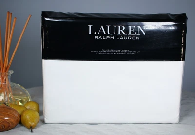 Ralph Lauren Full Queen Duvet Cover Spencer Sateen Border White Flax 300TC Cotto - Image 1 of 4