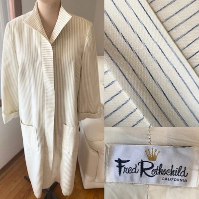 Винтажный 60-х FRED ROTHSCHILD пыли пальто * большой * слоновой кости синий белый в полоску весна - Изображение 1 из 4