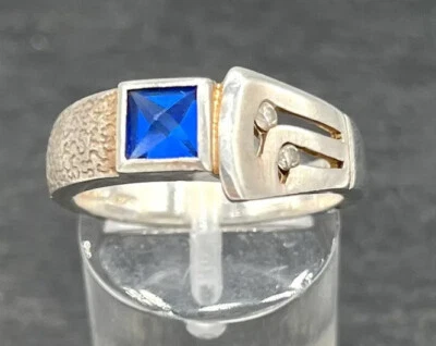 925/- Silberring mit blauen Saphir + weißen simulierten Diamanten Gr. 59 - Bild 1 von 2