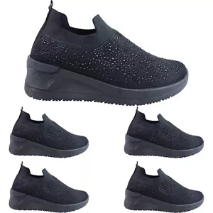 Womens Ladies Wedge Heel Work Sock Pumps Walking Sports Trainer Shoes Casual New - Picture 1 of 7